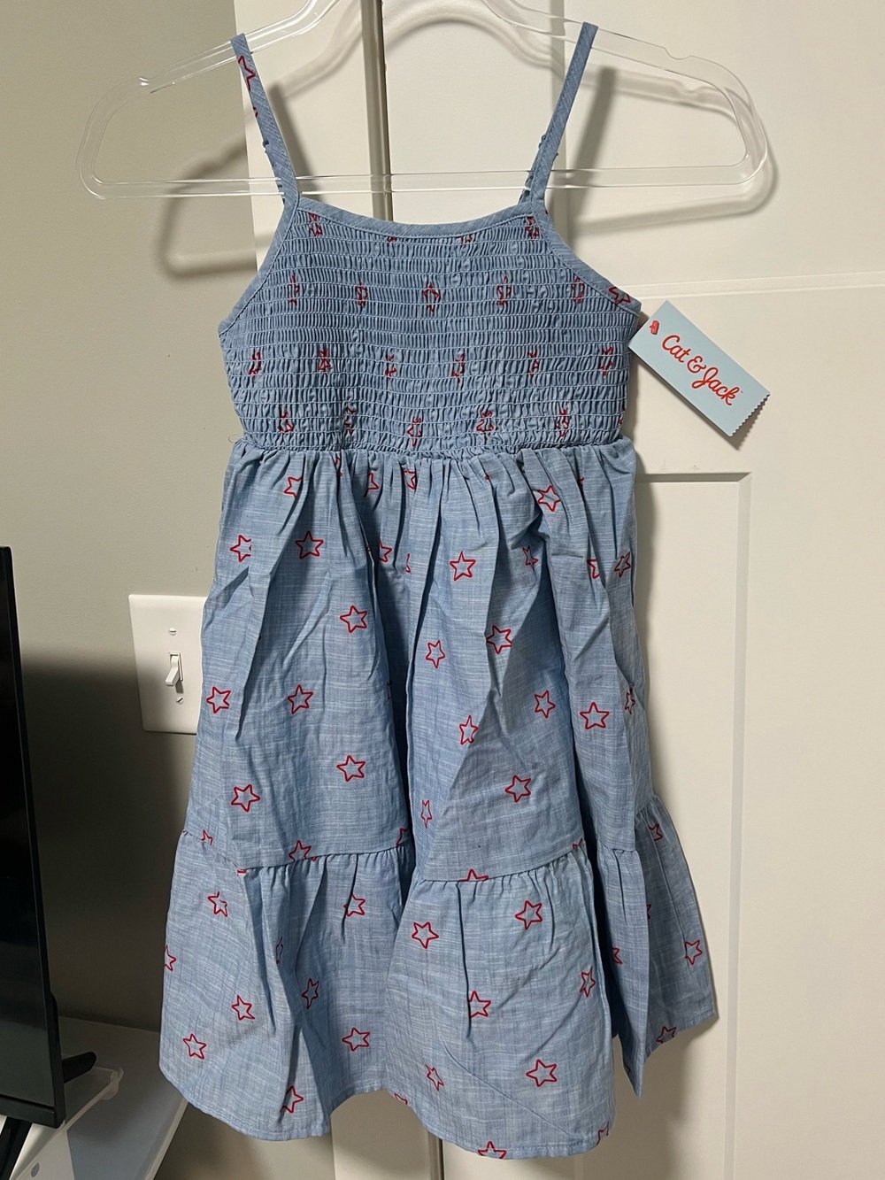 Cat & Jack Girls' Light Blue Red Star Print Smocked Dress